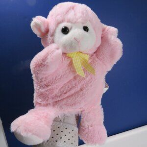 Pink Lamb Sheep puppet plush w sewn on gingham ribbon bow (good for big hands)